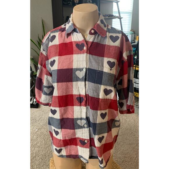 Vintage 80's woven plaid heart button up top sz L - Picture 1 of 4